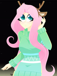 Size: 2448x3264 | Tagged: safe, artist:xan-gelx, character:fluttershy, species:eqg human, g4, antlers, clothing, cute, simple background, solo, sweater