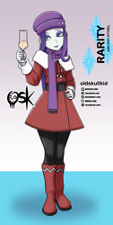 Size: 984x1951 | Tagged: safe, alternate version, artist:oldskullkid, character:rarity, species:eqg human, g4, beanie, boots, champagne, clothing, looking sideways, scarf, solo, winter outfit