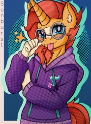 Size: 3024x4096 | Tagged: safe, alternate version, artist:canvymamamoo, character:sunburst, species:anthro, g4, blep, bust, cutie mark, glasses, hoodie, horn, simple background, solo, sparkles, tongue out