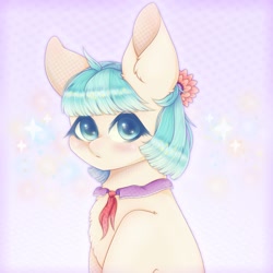 Size: 1300x1300 | Tagged: safe, artist:greenbl66144204, character:coco pommel, species:earth pony, species:pony, g4, big ears, bust, cute, looking at you, simple background, solo