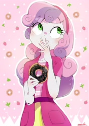 Size: 2480x3508 | Tagged: safe, artist:nendo, character:sweetie belle, species:eqg human, g4, bust, covering mouth, donut, eating, looking up, simple background, solo