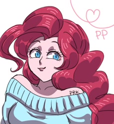 Size: 550x600 | Tagged: safe, artist:blue_puriko326, character:pinkie pie, species:human, g4, bust, clothing, humanized, looking sideways, solo, sweater, white background