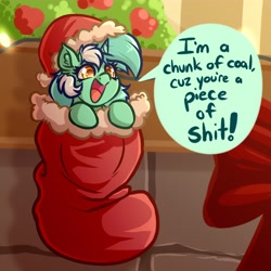 Size: 4000x4000 | Tagged: safe, artist:witchtaunter, character:lyra heartstrings, species:pony, species:unicorn, g4, chibi, christmas, christmas stocking, clothing, cute, dialogue, ear fluff, hat, holiday, lyrabetes, santa hat, smiling, solo, speech bubble, tiny, tiny ponies, vulgar