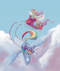 Size: 1624x1920 | Tagged: safe, artist:slowpokest, artist:super-slowpoke, character:fluttershy, character:rainbow dash, species:dog, species:pegasus, species:pony, species:rabbit, g4, antlers, cloud, eyes closed, flying, sky, sleigh, squirrel, string lights