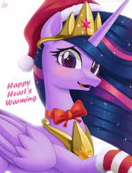 Size: 2500x3250 | Tagged: safe, artist:pyropk, character:twilight sparkle (alicorn), species:alicorn, species:pony, g4, looking at you, older twilight, open mouth, regalia, ribbon, santa hat, smiling, socks, solo, text, white background