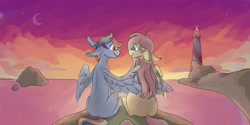 Size: 2000x1000 | Tagged: safe, artist:bluestarsburst, character:fluttershy, character:rainbow dash, species:pegasus, species:pony, ship:flutterdash, g4, cliff, lighthouse, looking at each other, ocean, sitting, winghug