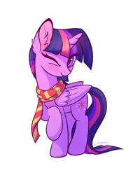 Size: 800x1000 | Tagged: safe, artist:lollipony, character:twilight sparkle, character:twilight sparkle (alicorn), species:alicorn, species:pony, g4, clothing, head turn, raised hoof, scarf, solo, white background, wink