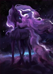 Size: 1900x2659 | Tagged: safe, artist:notfractal, character:nightmare rarity, character:rarity, species:pony, species:unicorn, g4, complex background, ethereal mane, head turn, looking at you, looking sideways, solo, stars