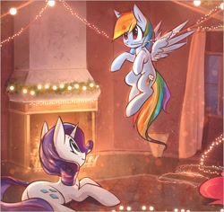 Size: 3000x2835 | Tagged: safe, artist:mirroredsea, character:rainbow dash, character:rarity, species:pegasus, species:pony, species:unicorn, g4, christmas lights, decoration, fireplace, flying, lying down, mouth hold, spread wings, wings