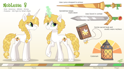 Size: 4500x2500 | Tagged: source needed, safe, artist:liquorice_sweet, oc, oc:noblesse oblige, species:pony, species:unicorn, g4, blonde mane, book, charm, cutie mark, fantasy class, female, fetlock tuft, green eyes, jewelry, knight, lance, lantern, mare, necklace, paladin, ref, reference sheet, solo, sword, warrior, weapon, white coat