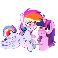 Size: 1500x1500 | Tagged: safe, artist:tylerdashart, character:rainbow dash, character:twilight sparkle, species:alicorn, species:pegasus, species:pony, ship:twidash, g4, blushing, female, lesbian, shipping, simple background, smiling, spread wings, white background, wings