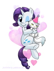 Size: 750x975 | Tagged: safe, artist:yokokinawa, character:opalescence, character:rarity, species:pony, species:unicorn, g4, hat, heart, hug, party hat, simple background