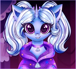 Size: 2048x1851 | Tagged: safe, artist:mite-lime, character:trixie, species:pony, species:unicorn, g4, babysitter trixie, choker, hoodie, looking at you, smiling, solo, twintails