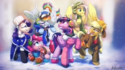 Size: 2560x1440 | Tagged: safe, artist:anticular, character:applejack, character:fluttershy, character:pinkie pie, character:rainbow dash, character:rarity, character:twilight sparkle, character:twilight sparkle (alicorn), species:alicorn, species:earth pony, species:pegasus, species:pony, species:unicorn, g4, mane six, winter outfit