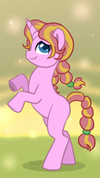 Size: 600x1067 | Tagged: safe, artist:verumtee, oc, oc only, oc:morning glisten, parent:fluttershy, parent:sunset shimmer, parent:twilight sparkle, species:pony, species:unicorn, fanfic:acts of love, series:who we become, g4, female, filly, pigtails, standing on two hooves