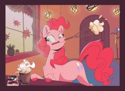 Size: 1920x1396 | Tagged: safe, artist:slowpokest, character:pinkie pie, species:earth pony, species:pony, g4, hoofs on table, hot chocolate, solo