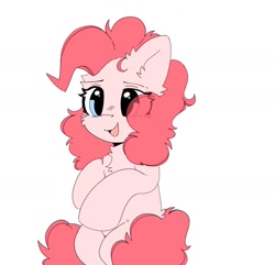 Size: 1562x1508 | Tagged: safe, artist:reonletaviio, character:pinkie pie, species:earth pony, species:pony, g4, cute, diapinkes, fluffy, open mouth, raised hoof, sitting, smiling, solo, white background