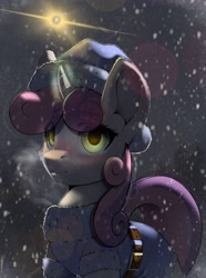 Size: 2390x3214 | Tagged: safe, artist:skitsroom, character:sweetie belle, species:pony, species:unicorn, g4, blushing, eclipse, lens flare, looking at you, older sweetie belle, smiling, snow, snowfall, solar eclipse, solo