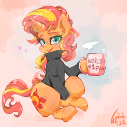 Size: 700x700 | Tagged: safe, artist:sozglitch, character:sunset shimmer, species:pony, species:unicorn, g4, looking at you, mug, simple background, sitting, smiling, solo, steam, turtleneck
