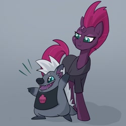 Size: 2048x2048 | Tagged: safe, artist:pfeffaroo, character:grubber, character:tempest shadow, species:pony, species:unicorn, g4, clothing, pointing, smiling