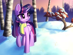 Size: 4000x3000 | Tagged: safe, artist:faline-art, character:twilight sparkle, character:twilight sparkle (alicorn), species:alicorn, species:pony, g4, clothing, looking sideways, raised hoof, scarf, snow, solo, tree, walking