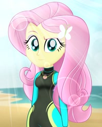 Size: 1638x2048 | Tagged: safe, artist:aryatheeditor, character:fluttershy, species:human, g4, my little pony:equestria girls, beach, beautiful, clothing, cute, digital art, female, geode of fauna, hairpin, jewelry, looking at you, magical geodes, ocean, outfit, pendant, photo, solo, wetsuit