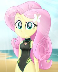 Size: 1638x2048 | Tagged: safe, alternate version, artist:aryatheeditor, character:fluttershy, species:human, g4, my little pony:equestria girls, beach, clothing, cute, digital art, female, geode of fauna, hairpin, jewelry, looking at you, magical geodes, one-piece swimsuit, outfit, pendant, photo, solo, swimsuit, swimsuit edit