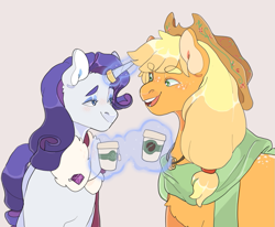 Size: 855x703 | Tagged: safe, artist:xeiphi, character:applejack, character:rarity, species:earth pony, species:pony, species:unicorn, ship:rarijack, g4, applejack's hat, clothing, coat, coffee, coffee cup, female, horn ring, looking at each other, mare, pendant, scarf, simple background, tea