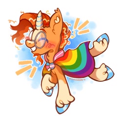 Size: 1047x995 | Tagged: safe, artist:occultusion, character:sunburst, species:pony, species:unicorn, g4, cape, clothing, eyes closed, gay pride flag, glasses, male, pride flag, simple background, smiling, solo, trans male, transgender, transgender pride flag, unshorn fetlocks