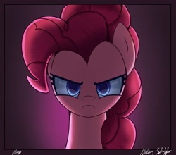 Size: 2500x2200 | Tagged: safe, artist:melanyschaffer, character:pinkie pie, species:earth pony, species:pony, g4, angry, backlighting, bust, frown, looking at you, simple background, solo, squint