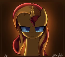 Size: 2500x2200 | Tagged: safe, artist:melanyschaffer, character:sunset shimmer, species:pony, species:unicorn, g4, backlighting, bust, frown, looking at you, simple background, smiling, smug, solo, squint