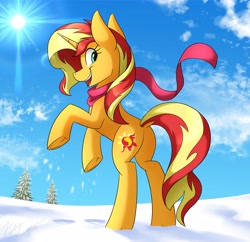 Size: 3200x3100 | Tagged: safe, artist:kaylerustone, character:sunset shimmer, species:pony, species:unicorn, g4, butt, clothing, complex background, dock, female, horses doing horse things, looking at you, mare, open mouth, plot, profile, rearing, scarf, side view, smiling, snow, solo, sun, underhoof, winter