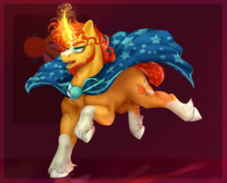 Size: 1280x1033 | Tagged: safe, artist:copshop, character:sunburst, species:pony, species:unicorn, g4, cape, clothing, galloping, glowing horn, magic, simple background, solo, unshorn fetlocks