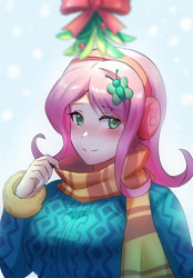 Size: 800x1149 | Tagged: safe, artist:tzc, character:fluttershy, species:human, g4, clothing, earmuffs, hairpin, holly, humanized, scarf, simple background, winter outfit