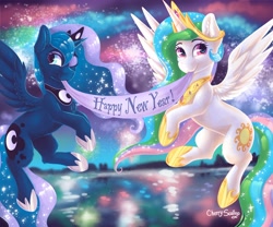 Size: 2048x1707 | Tagged: safe, artist:monsoonvisionz, artist:moth-doll, manebooru spotlight, character:princess celestia, character:princess luna, species:alicorn, species:pony, g4, banner, collaboration, complex background, fireworks, flying, mouth hold, new year, spread wings, wings