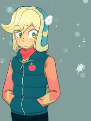 Size: 1536x2048 | Tagged: safe, artist:haibaratomoe, character:applejack, species:eqg human, g4, clothing, coat, hands in pockets, simple background, snowfall, snowflake, solo