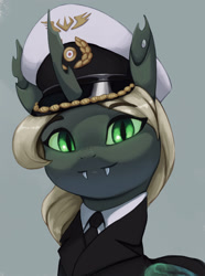 Size: 2235x3000 | Tagged: oc needed, safe, artist:mrscroup, oc, oc only, species:changeling, g4, bust, fangs, glowing eyes, looking at you, navy uniform, solo, uniform