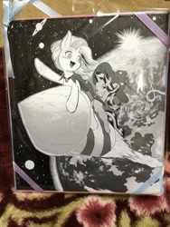 Size: 1536x2048 | Tagged: artist needed, safe, character:starlight glimmer, character:trixie, species:pony, species:unicorn, g4, black and white, earth, monochrome, photo, rocket, shikishi, space, trixie's cape, trixie's hat, trixie's rocket