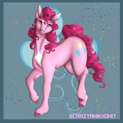 Size: 1280x1280 | Tagged: safe, artist:crazyaniknowit, character:pinkie pie, species:earth pony, species:pony, g4, cutie mark, horse, looking at you, raised hoof, simple background, smiling, solo