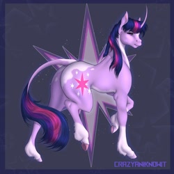 Size: 1280x1280 | Tagged: safe, artist:crazyaniknowit, character:twilight sparkle, character:twilight sparkle (unicorn), species:classical unicorn, species:pony, species:unicorn, g4, cutie mark, horse, looking back, raised hoof, simple background, solo