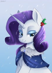 Size: 2894x4093 | Tagged: safe, artist:chickenbrony, character:rarity, species:pony, species:unicorn, g4, bust, cape, clothing, coat, hairpin, lidded eyes, looking sideways, simple background, snow, snowfall, solo