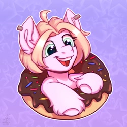 Size: 3000x3000 | Tagged: oc needed, safe, artist:argigen, oc, oc only, species:earth pony, species:pony, g4, bust, donut, ear piercing, open mouth, simple background, smiling, solo