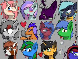 Size: 1024x768 | Tagged: safe, artist:skydreams, patreon reward, oc, oc:arcane word, oc:blissy, oc:cade quantum, oc:dioxin, oc:helium star, oc:lady foxtrot, oc:move, oc:scaramouche, oc:skitzy, oc:sparky showers, oc:staticspark, oc:wander bliss, species:alicorn, species:anthro, species:bat pony, species:dragon, species:pegasus, species:pony, species:sphinx, species:unicorn, g4, bat pony alicorn, bat pony oc, bat wings, blank eyes, blep, blowing bubbles, blushing, blushing ears, bubble, bubble wand, collar, disguise, disguised changeling, ear piercing, earring, emoji, emotes, eyes closed, female, furry, furry oc, giggles, glasses, grin, heart, horn, hug, jewelry, love, male, mare, necklace, owo, patreon, piercing, raised eyebrow, red panda, rule 63, shocked, shocked expression, simple background, smiling, stallion, surprised, tongue out, transgender, white eyes, wings