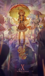 Size: 722x1200 | Tagged: safe, artist:animesoul, character:sunset shimmer, species:eqg human, g4, puddle, rain, reflection, tarot card, umbrella, wheel of fortune