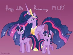 Size: 3908x2980 | Tagged: safe, artist:sunseekersky, character:twilight sparkle (alicorn), character:twilight sparkle (unicorn), species:alicorn, species:pony, species:unicorn, g4, anniversary, older twilight, simple background, solo