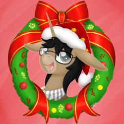 Size: 2425x2425 | Tagged: safe, artist:serenepony, oc, oc:serene tone, species:donkey, species:pony, species:unicorn, g4, bauble, baubles, bells, berries, christmas, digital art, donkeycorn, hearth's warming, holiday, hybrid, icon, jingle bells, looking at you, ribbon, santa hat, simple background, smiling, solo, wreath