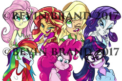 Size: 864x576 | Tagged: safe, artist:bevin brand, character:applejack, character:fluttershy, character:pinkie pie, character:rainbow dash, character:rarity, character:sunset shimmer, character:twilight sparkle, character:twilight sparkle (scitwi), species:eqg human, g4, my little pony:equestria girls, faec, humane seven, obtrusive watermark, official fan art, silly face, watermark