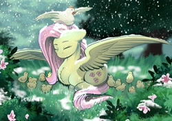 Size: 1600x1118 | Tagged: safe, artist:tillie-tmb, character:fluttershy, species:chicken, species:pegasus, species:pony, g4, chicks, field, flower, lying down, ponyloaf, snow, snowfall, solo, spread wings, tree, wings