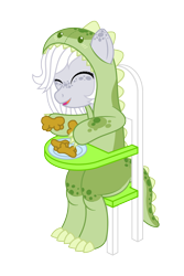 Size: 1600x2400 | Tagged: safe, artist:datspaniard, oc, oc:fossil fluster, species:earth pony, species:pony, g4, adult foal, chicken meat, chicken nugget, clothing, costume, dinosaur costume, eyes closed, food, highchair, kigurumi, meat, playing, simple background, smiling, solo, transparent background