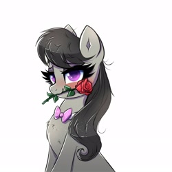 Size: 1600x1600 | Tagged: safe, artist:confetticakez, character:octavia melody, species:earth pony, species:pony, g4, blushing, bow tie, chest fluff, cute, female, flower, flower in mouth, high res, looking at you, mare, mouth hold, rose, simple background, solo, tavibetes, white background